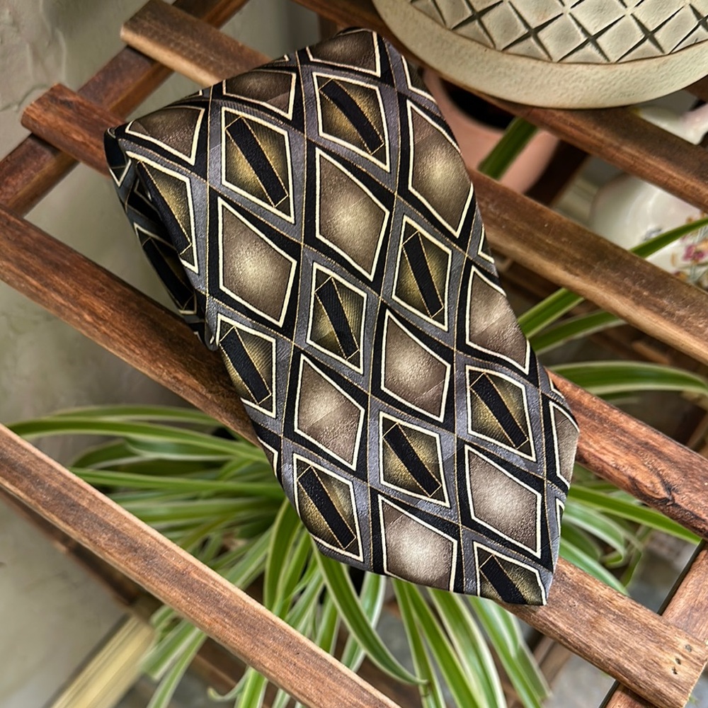 Tailors Row Finery silk geometric green and brown necktie vintage‎